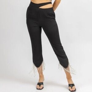 Amy Lynn‎ Black Cutout Waist Crystal Fringe Hem Trousers Womens Large NEW